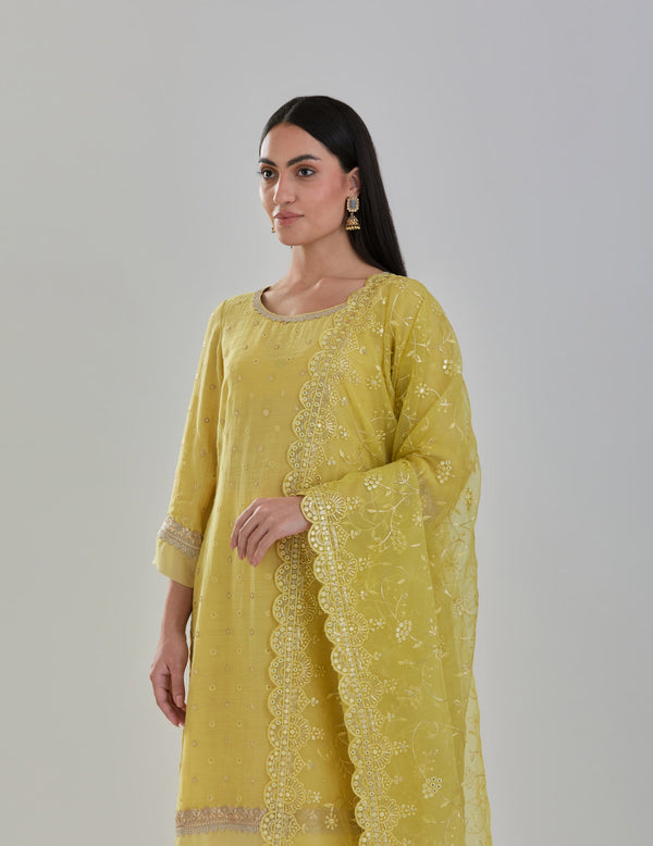 Yellow Embroidered Chanderi Suit Set With Organza Dupatta